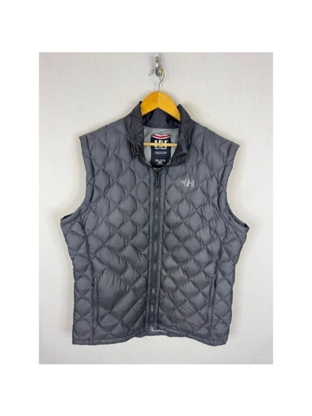Helly Hansen Mens 2XL Gray Diamond Quilted Down Puffer Vest Full Zip Mock Neck